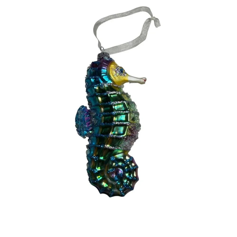 Pier One Seahorse Christmas Ornament With Glitter Design Blow Glass - Picture 1 of 4